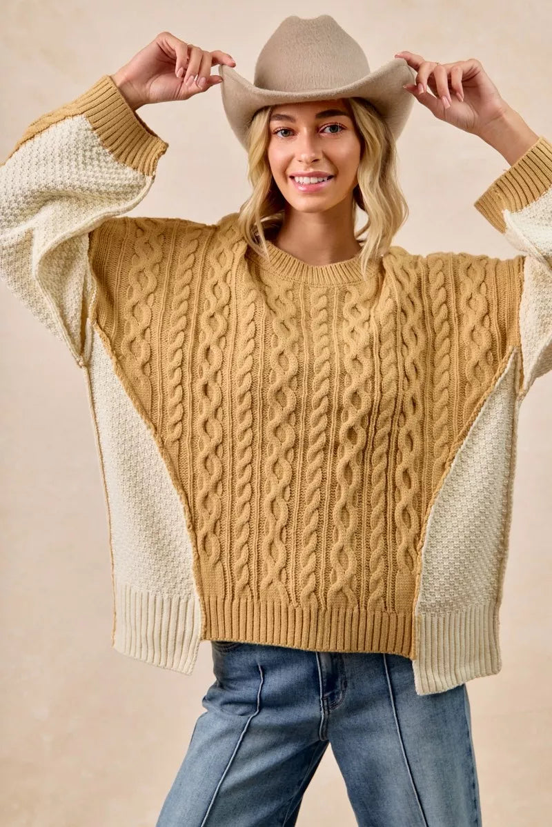 Cable Knit With Hacci Combo Sweater With Uneven Hem Detail