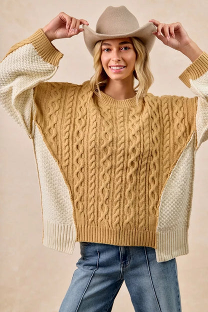 Cable Knit With Hacci Combo Sweater With Uneven Hem Detail