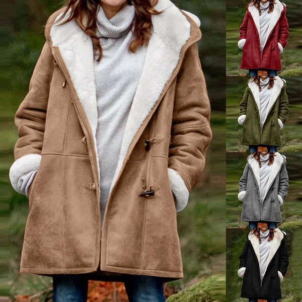 Winter Button Coat Fashion Warm Hooded Jacket With Pockets Women&