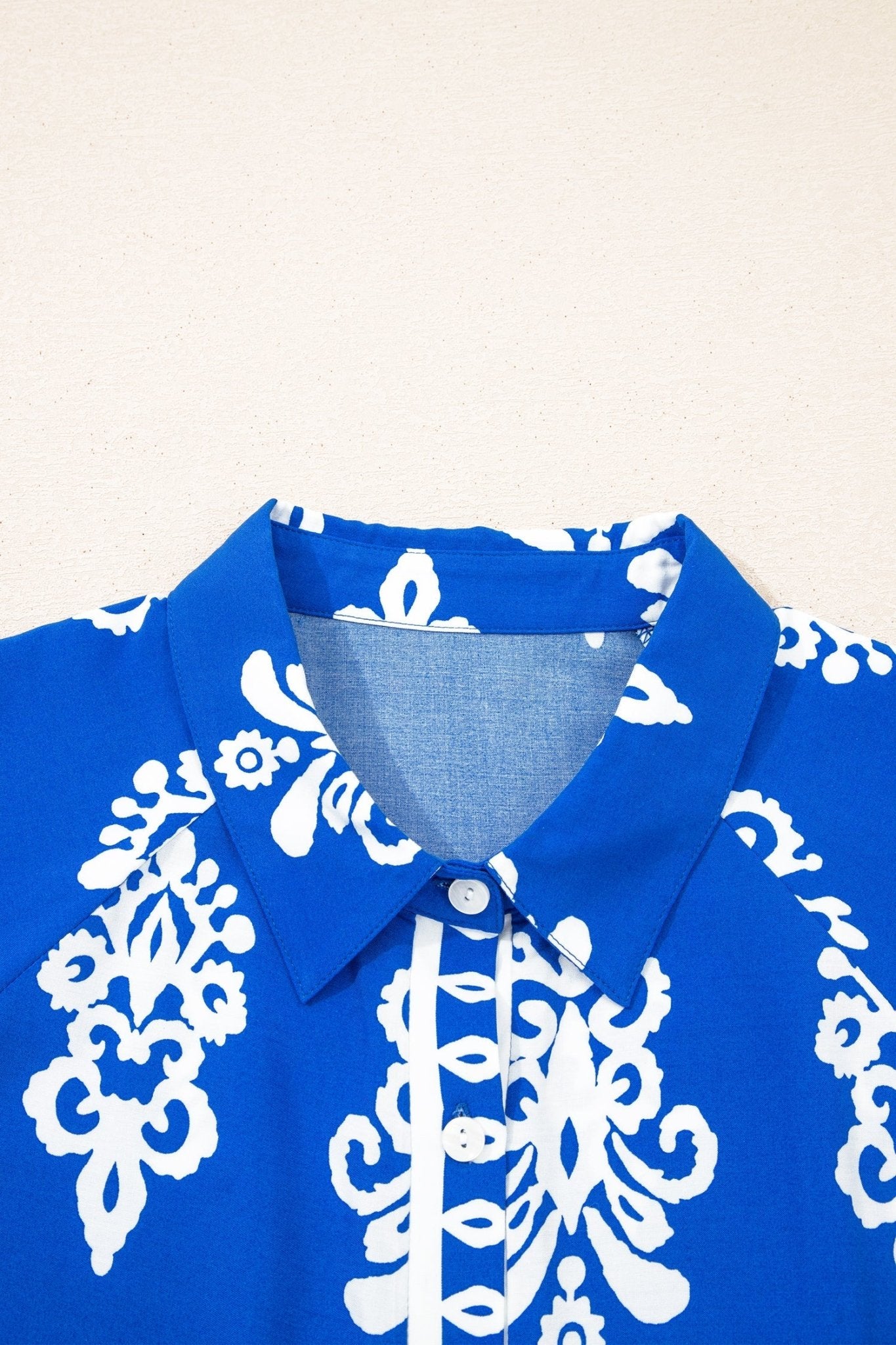 Blue Ethnic Geometric Print Collared Button Front Short Puff Sleeve Mini Dress - Loving It Shop