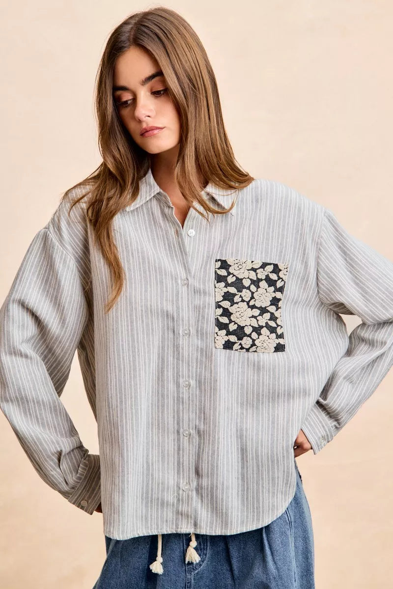Flower Jacquard Knit Patch Pocket Stripe Shirt