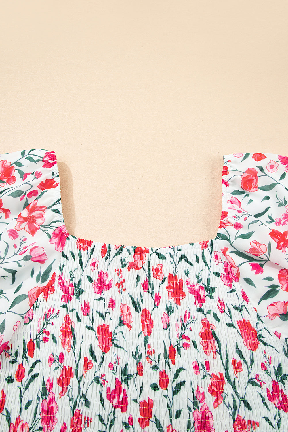Pink Floral Puff Sleeve Square Neck Empire Waist Tiered Maxi Dress