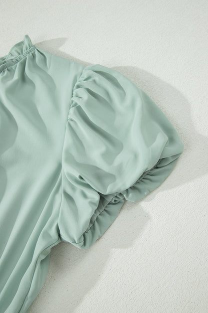 Clearly Aqua Solid Color V Neck Short Puff Sleeve High Waist Tiered Maxi Dress