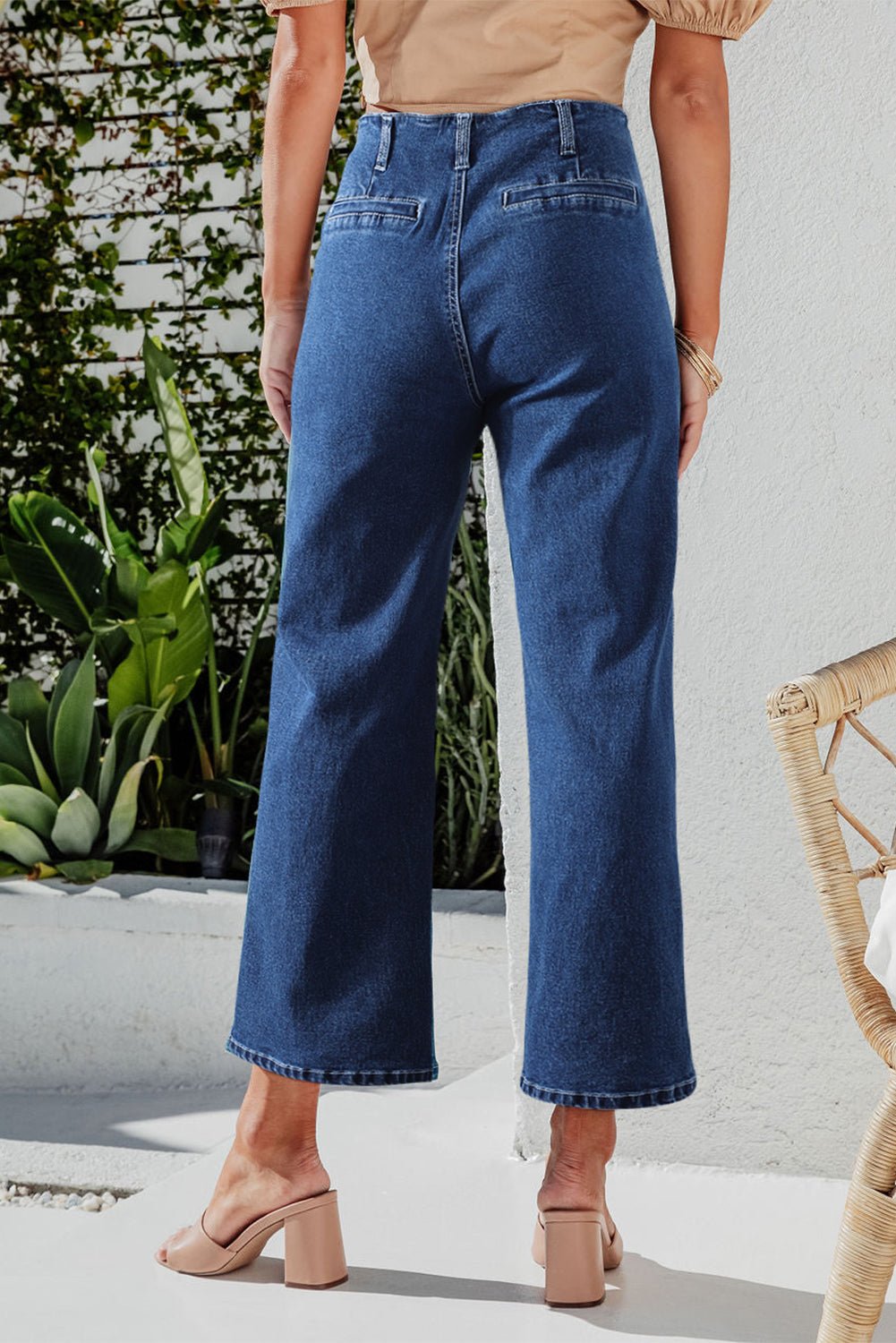 Sail Blue High Waist Button Front Wide Leg Cropped Jeans - Loving It Shop