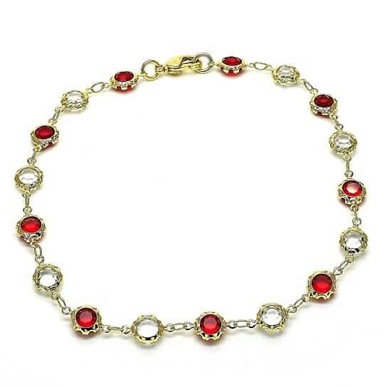 18k Gold Filled High Polish Finsh Gold Crystal Red And White Round Anklet 10&