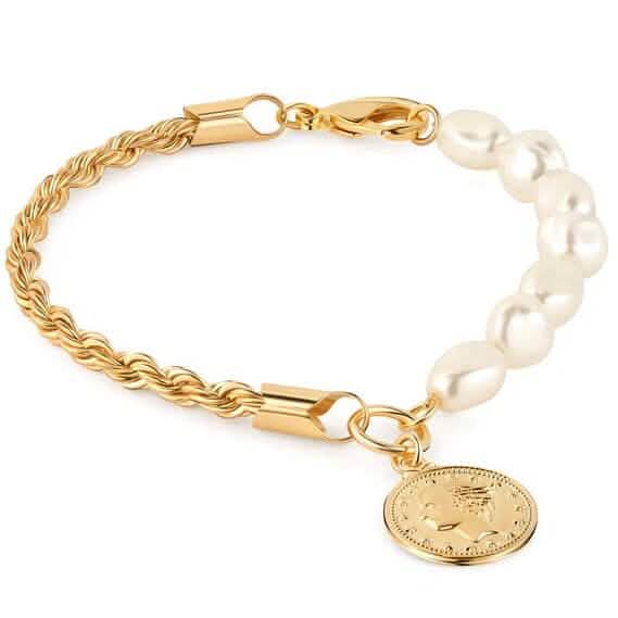 18K Gold Rope &amp; Pearl Anklet with Coin Charm - 10 Inches