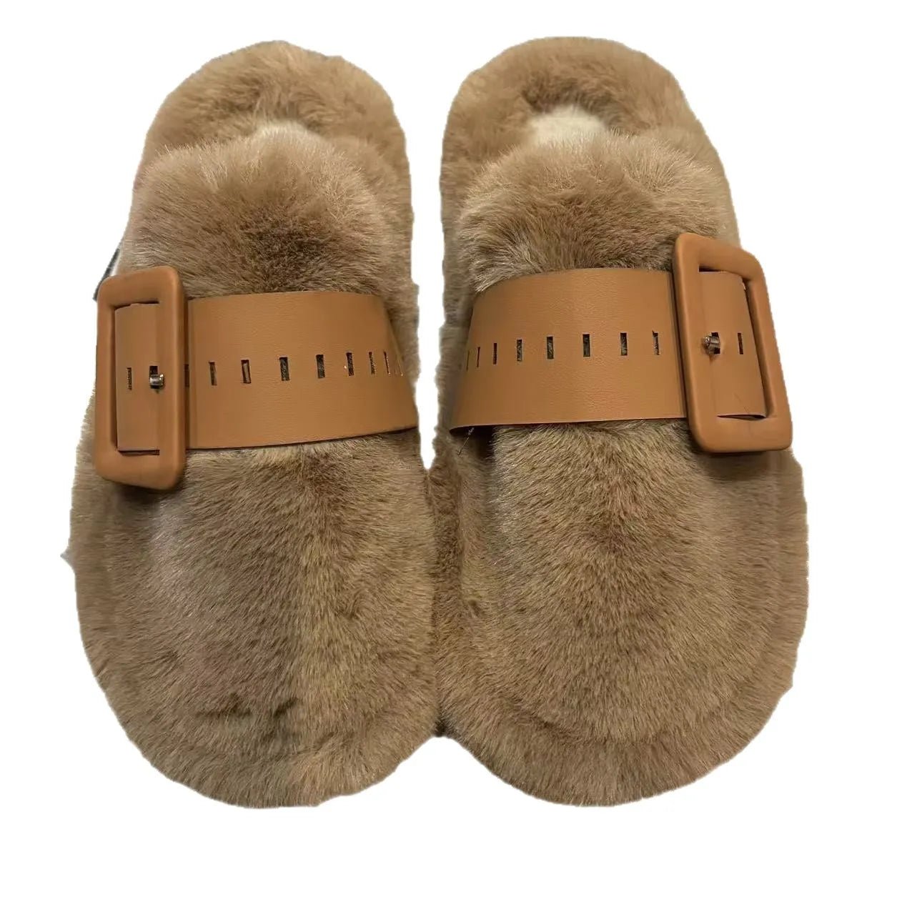 Faux Fur Buckle Slippers - Loving It Shop