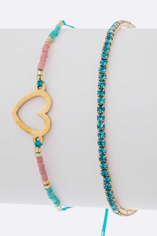 Heart Charm Rhinestone 2 In 1 Bracelet Set - Loving It Shop