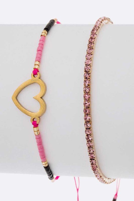 Heart Charm Rhinestone 2 In 1 Bracelet Set - Loving It Shop