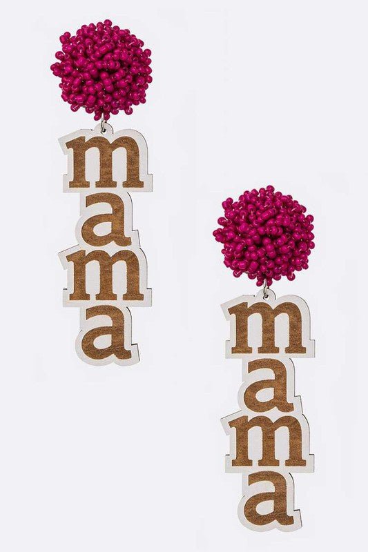 Beaded Pom MAMA Wood Drop Earrings - Loving It Shop