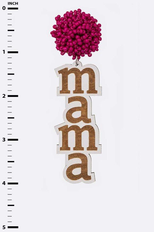 Beaded Pom MAMA Wood Drop Earrings - Loving It Shop
