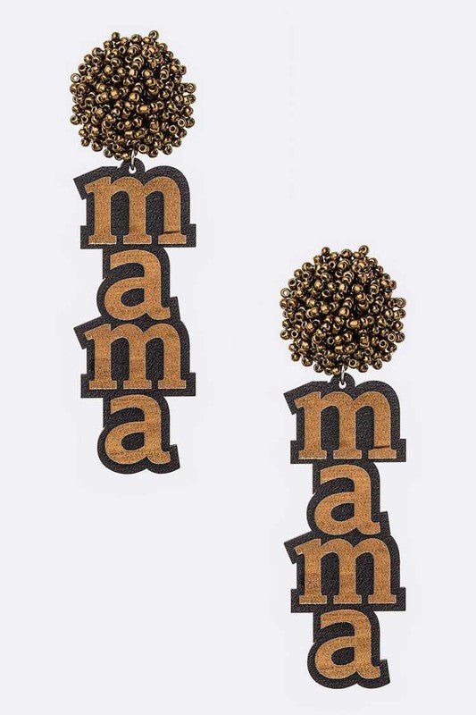 Beaded Pom MAMA Wood Drop Earrings - Loving It Shop
