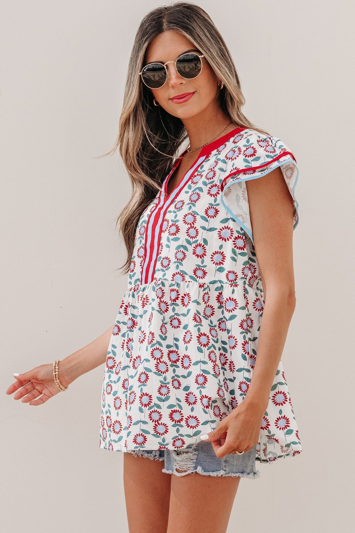 Red Sunflower Printed Contrast Trim V Neck Flutter Sleeve Blouse - Loving It Shop