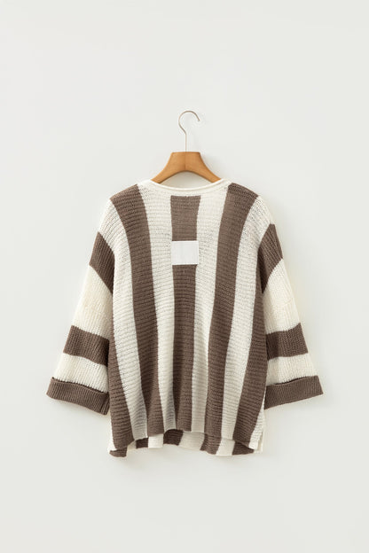 Brown Stripe Colorblock V Neck Bracelet Sleeve Sweater