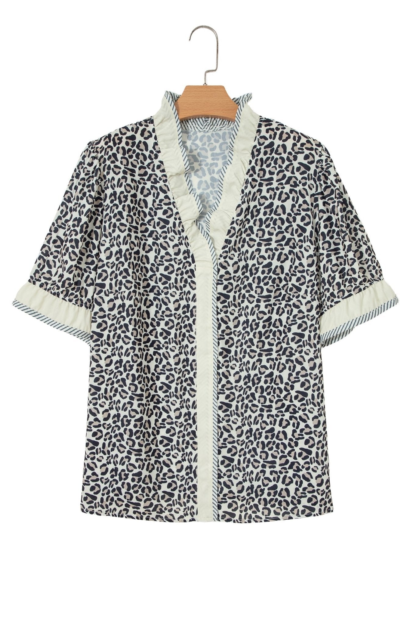Black Plus Leopard Print Striped Color Block Trim Frilled V Neck Short Sleeve Blouse - Loving It Shop