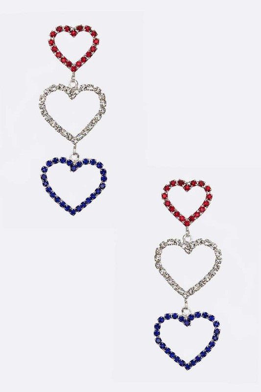 Patriot Color Rhinestone Heart Drop Earrings - Loving It Shop