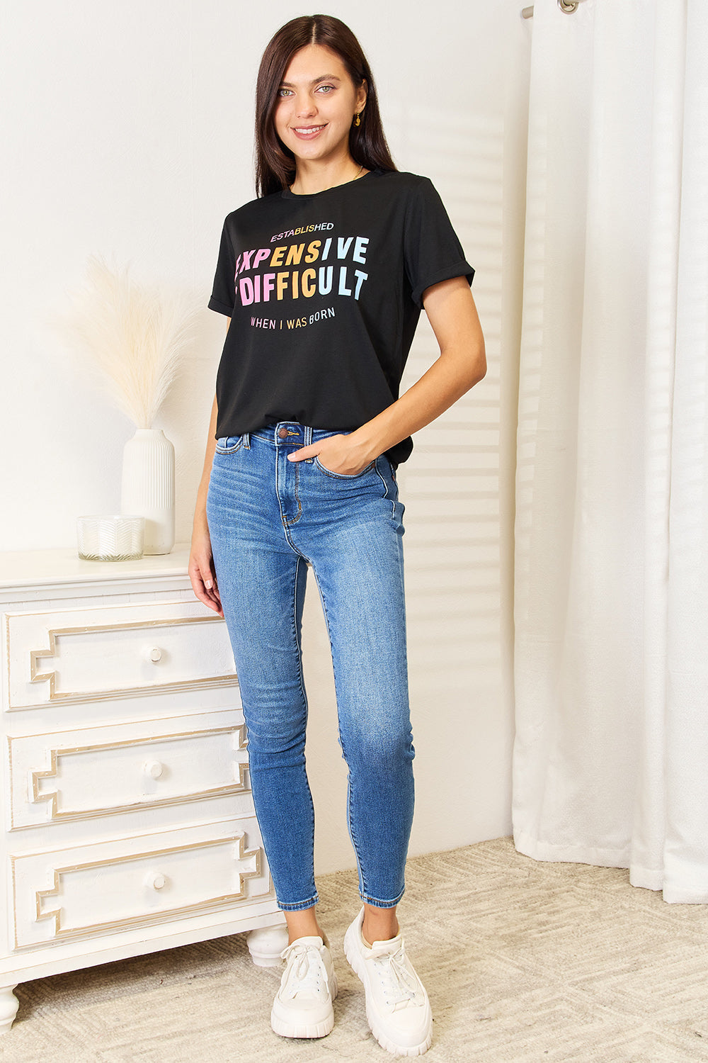 I am a Fashion Junky Love Slogan Graphic Cuffed Sleeve T-Shirt