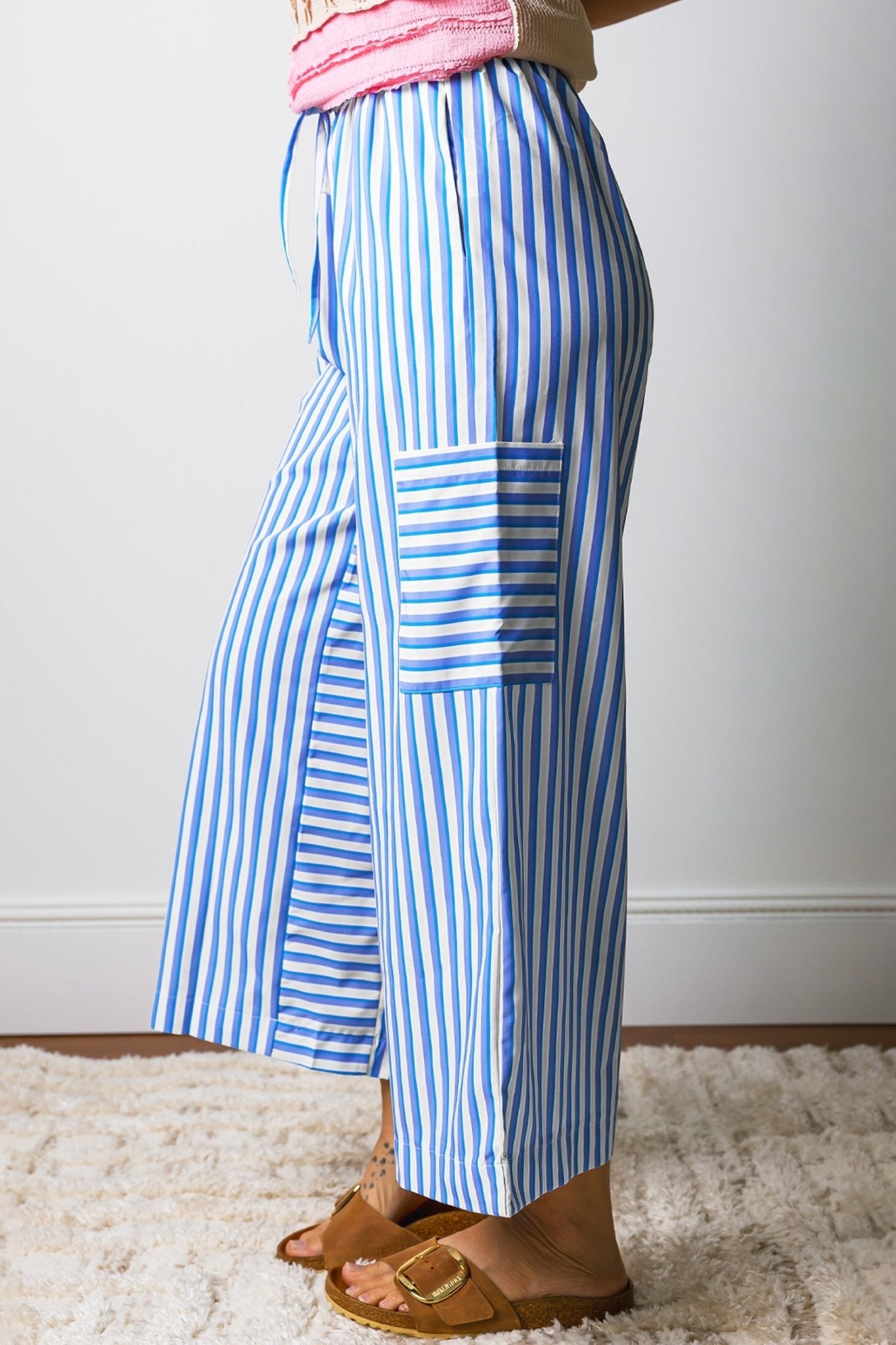 Sky Blue Stripe Drawstring Elastic Waist Patch Pocket Wide Leg Ankle - length Pants - Loving It Shop