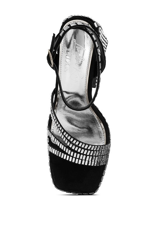 Lustrous Mirror Embellished Flare Heel Sandals