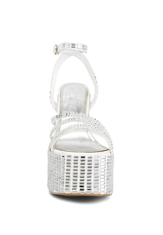 Lustrous Mirror Embellished Flare Heel Sandals