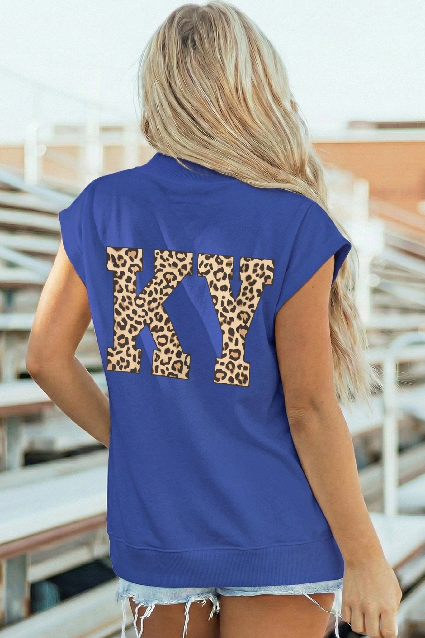 Sky Blue KENTUCKY Leopard KY Double Side Printed Mock Neck Tee - Loving It Shop