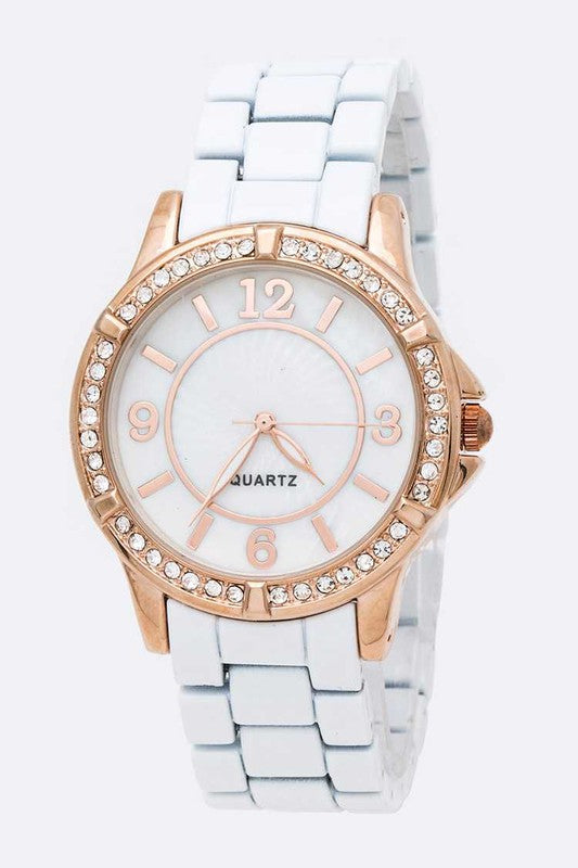 Bracelet Watch with Crystal Bezel and Enamel Detail – Stylish Fashion Accessory