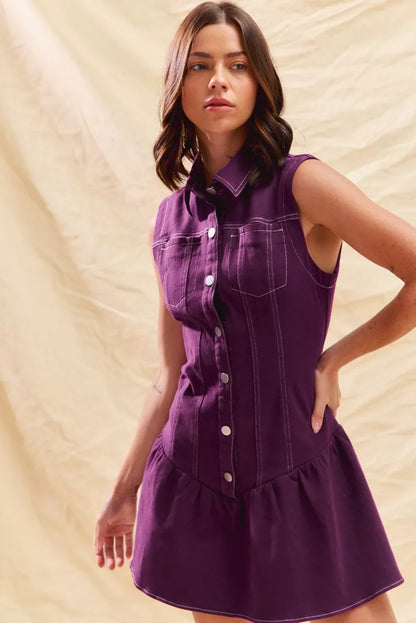 Button Down Sleeveless Collared Game Day Mini Dress