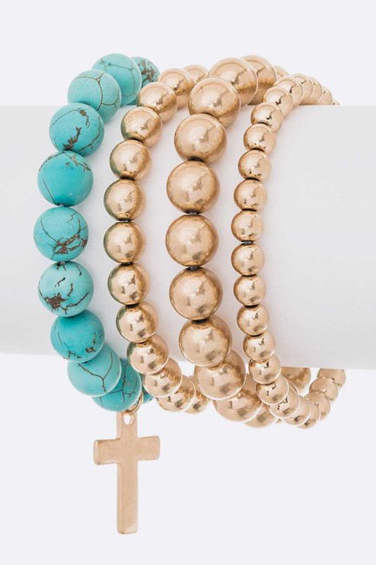 Layered Beads Cross Charm Bracelet Set - Loving It Shop