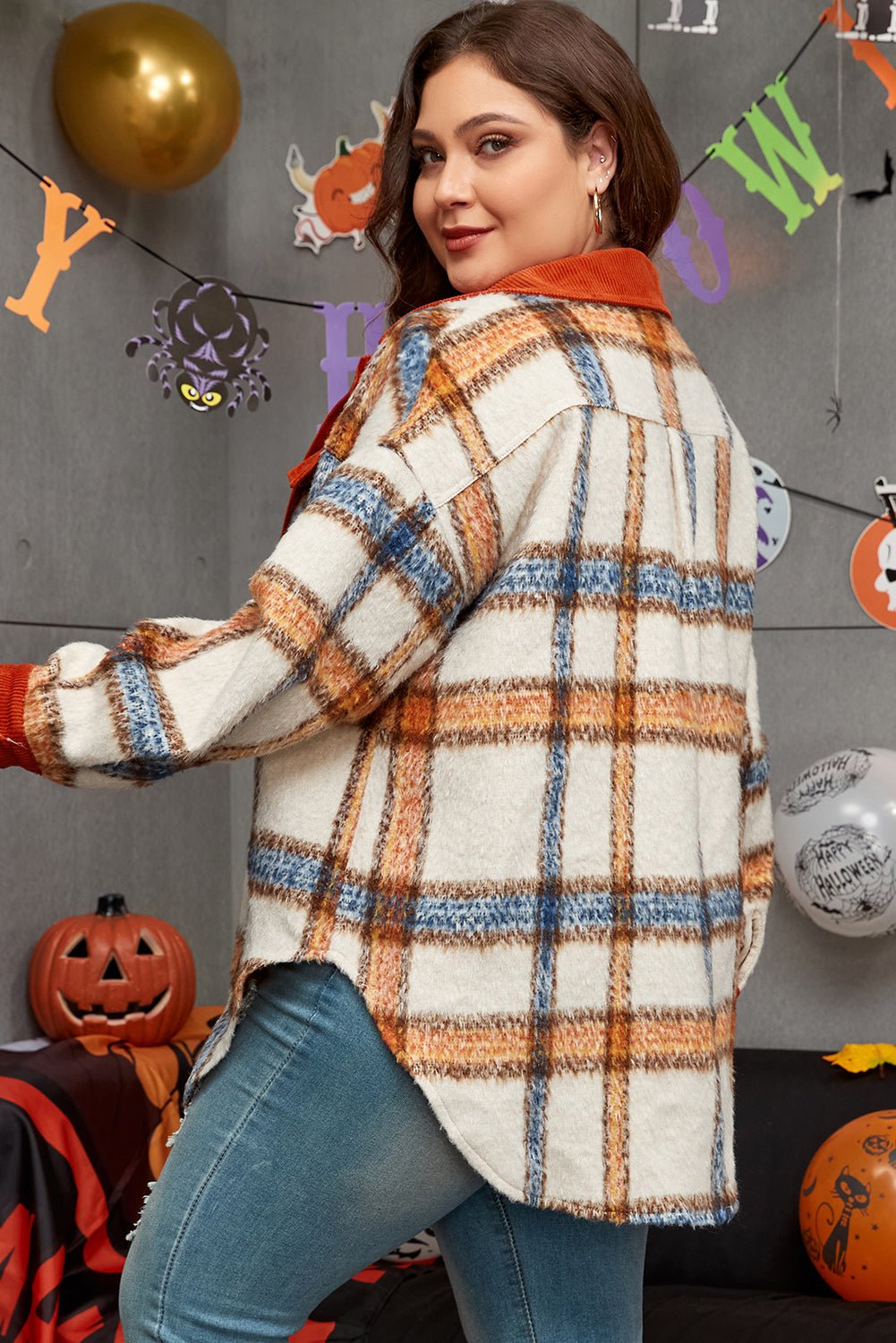 Brown Stripe Plus Size Plaid Print Collared Buttoned Jacket - Loving It Shop