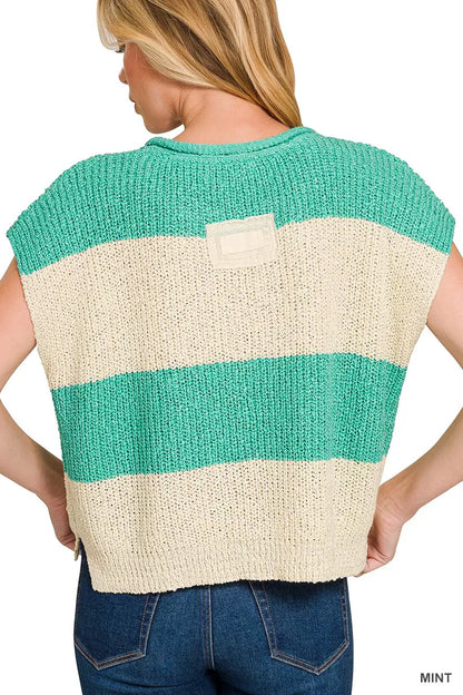 Split Neck Sleeveless Stripe Sweater