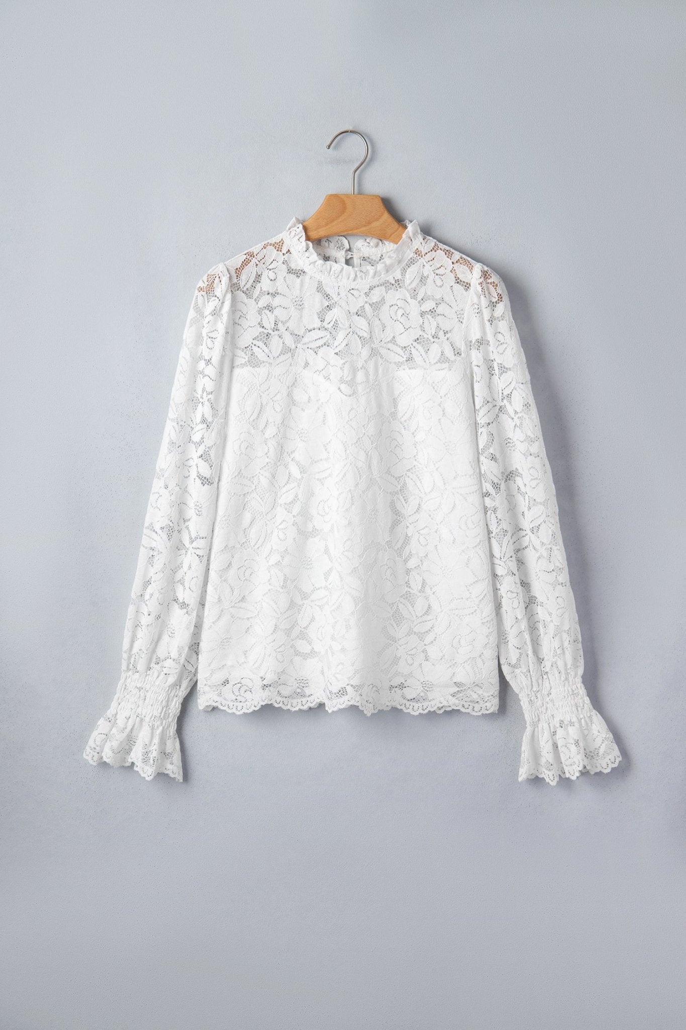 White Ruffled Round Neck Long Flounce Sleeve Sheer Lace Blouse - Loving It Shop