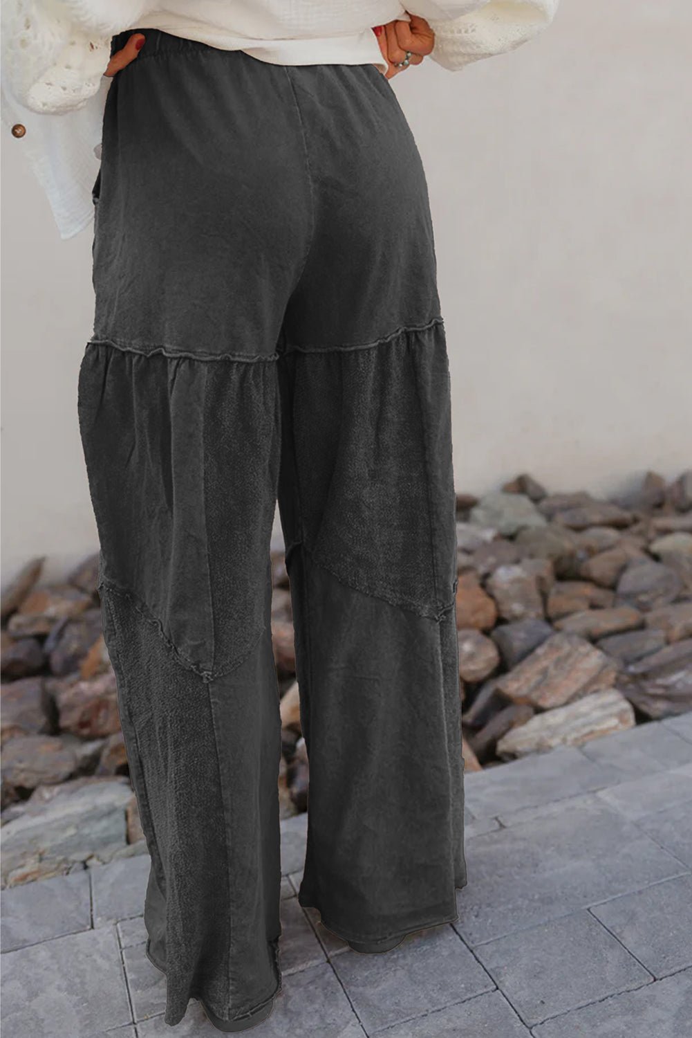 Black Mineral Wash Tiered Wide Leg Patchwork Drawstring Pants - Loving It Shop