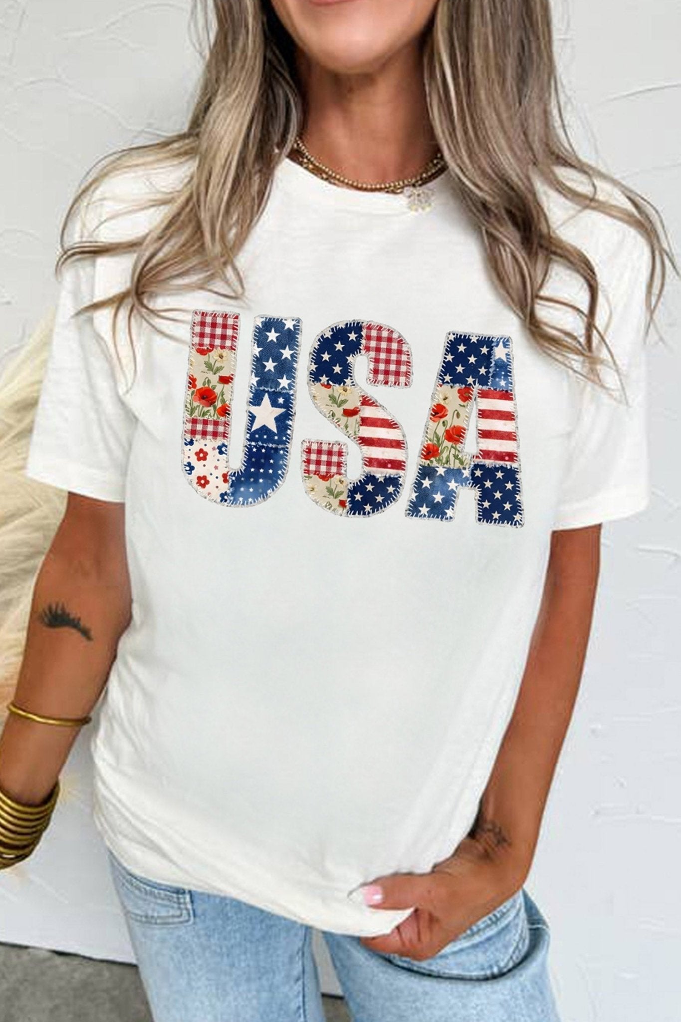 White USA Faux Patchwork Graphic Tee - Loving It Shop