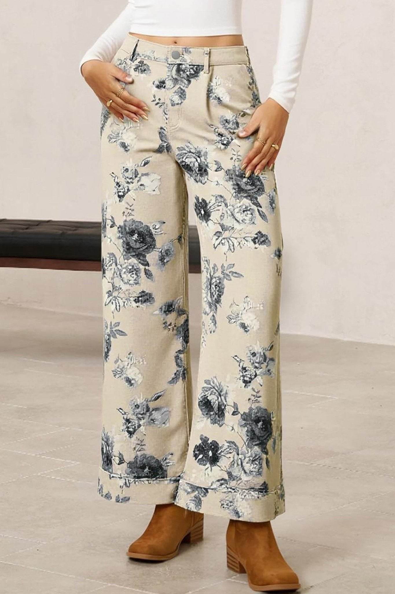 Beige Retro Floral Print Turn - up Cuffed Hem Loose Jeans - Loving It Shop