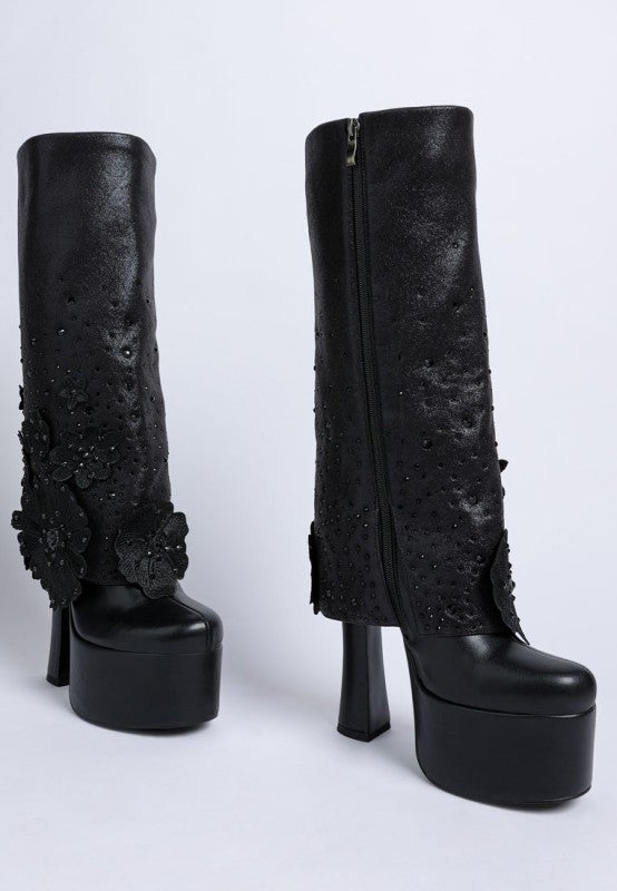 Sundra Floral Applique Platform Heeled Boots
