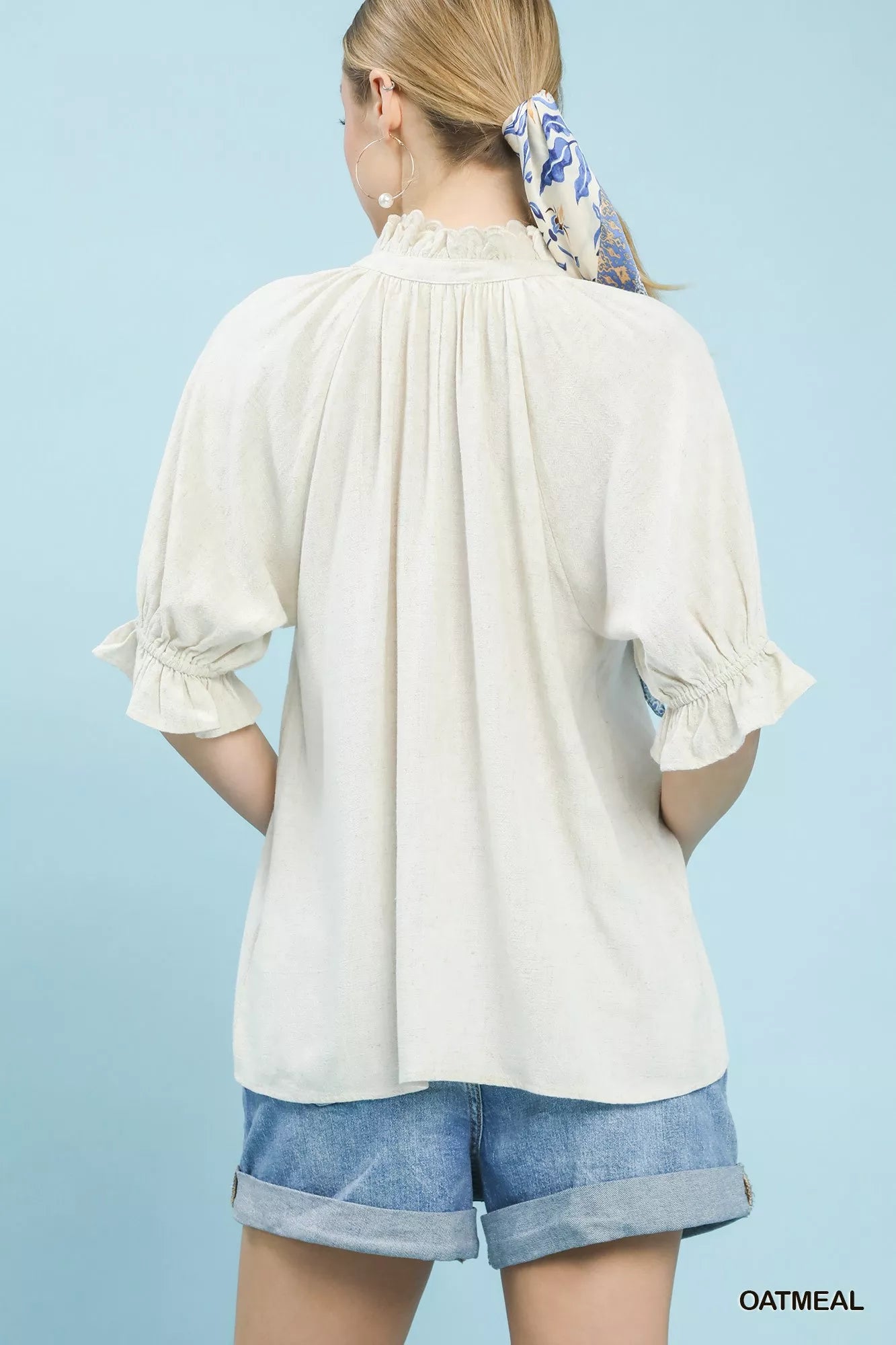 Linen Scalloped Ruffle Neck Blouse