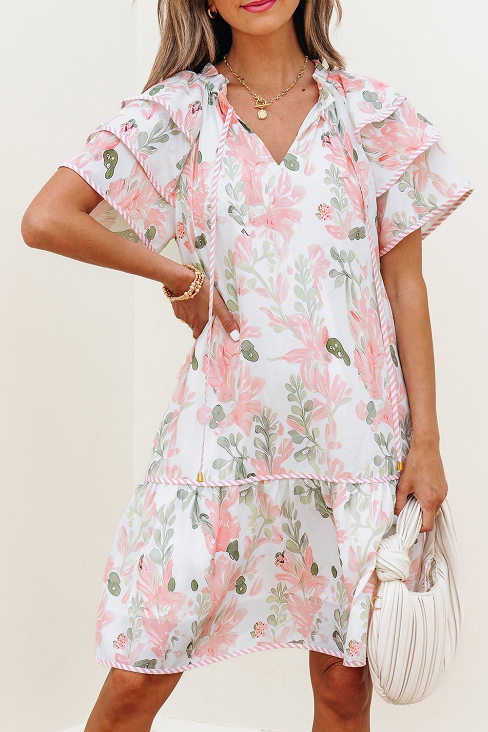 Pink Floral Contrast Edge Layered Short Sleeve Mini Dress - Loving It Shop