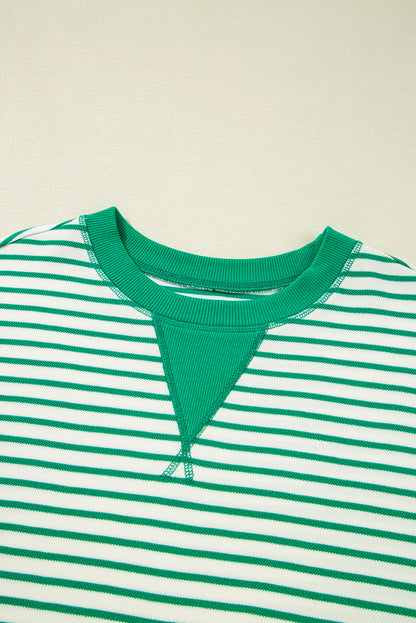 Bright Green Striped Exposed Seam Patchwork Loose Pullover Top