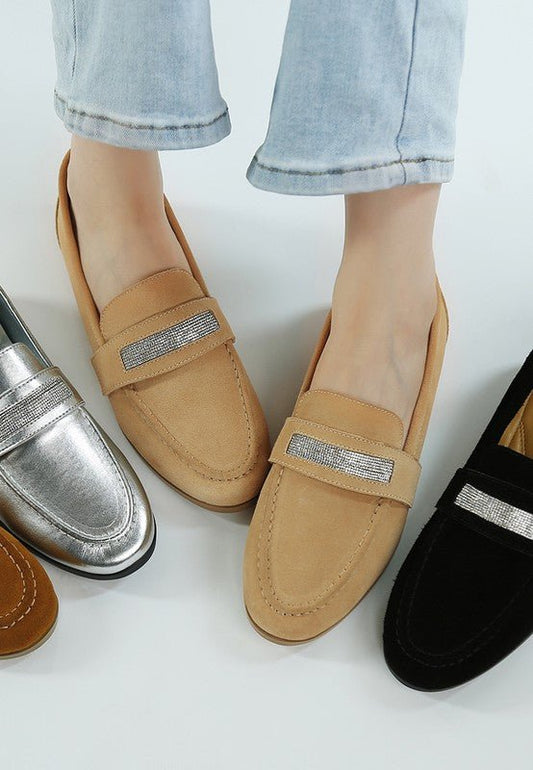 New Ode Rhinestone Penny Strap Loafers Loafers - Loving It Shop
