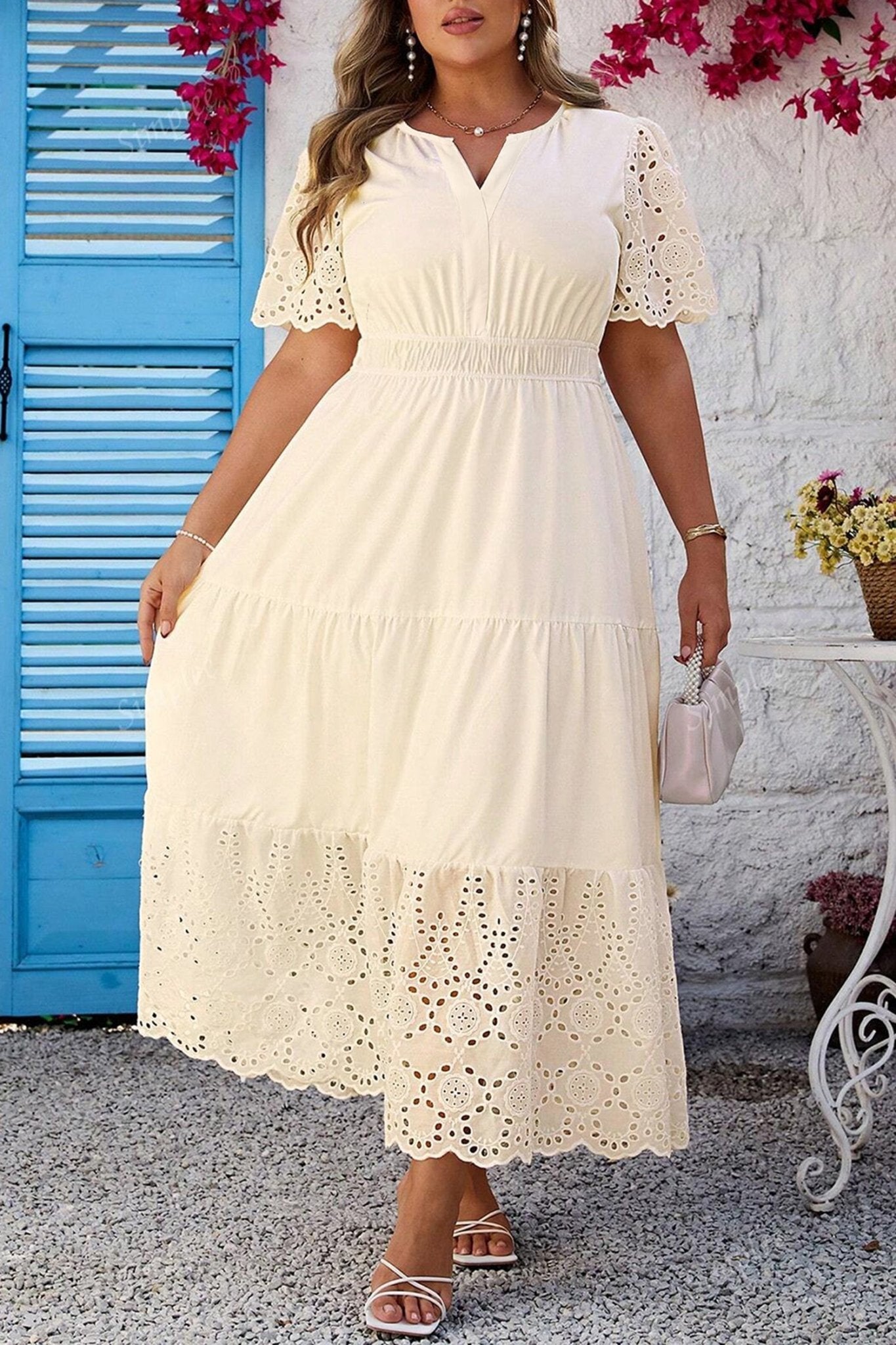 Apricot Plus Size V Neck Lacy Embroidery Patchwork Short Sleeve Maxi Dress - Loving It Shop