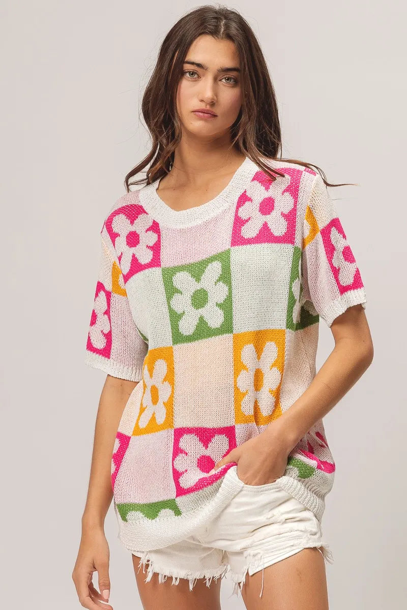 Flower Checker Pattern Lightweight Sweater Top