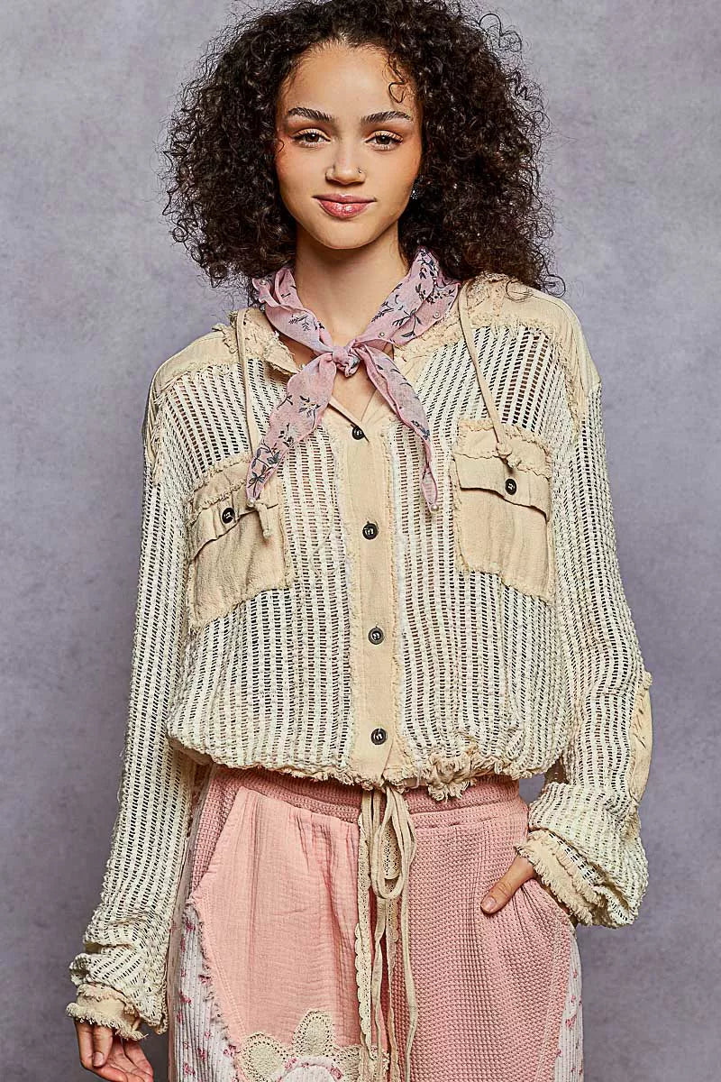 Texture Woven Button Down Hooded Shirt with Drawstring Hem
