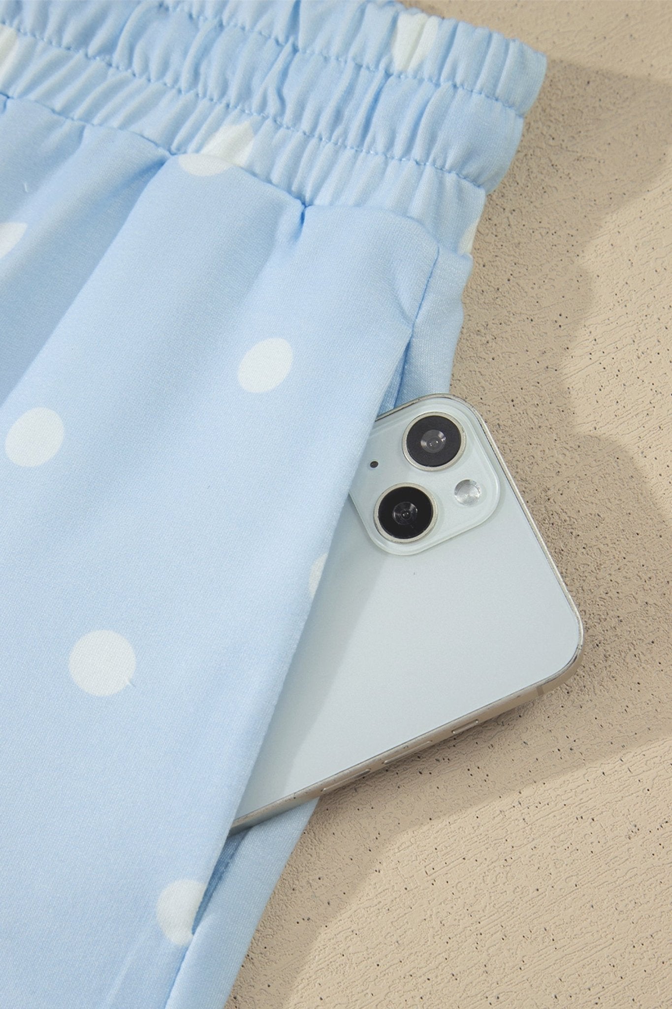 Sky Blue Exposed Seam Detail Polka Dot Loose Tee Drawstring Shorts Set - Loving It Shop