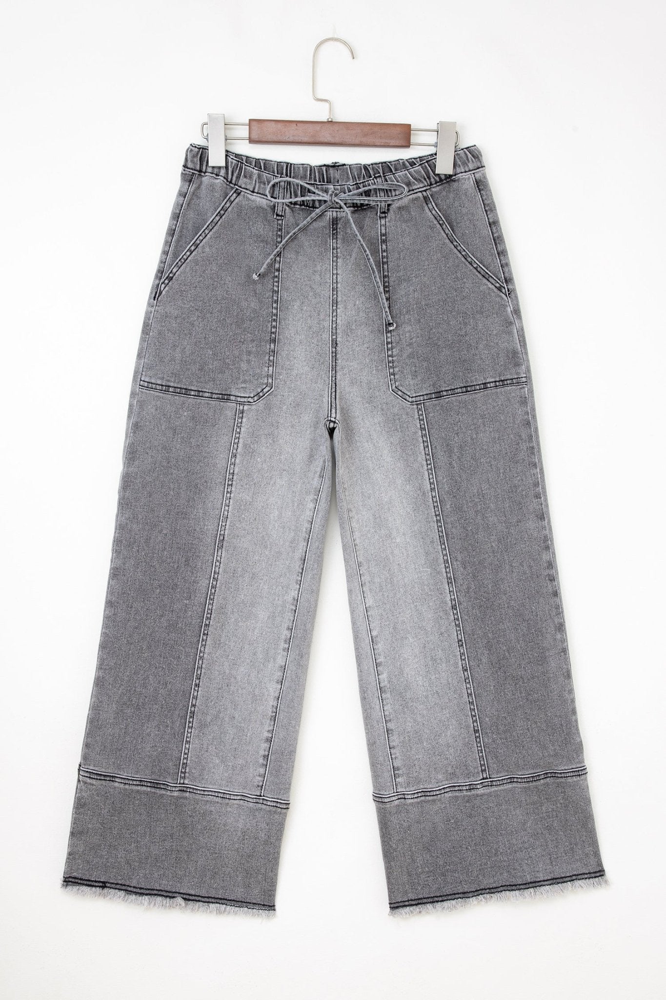 Gray Drawstring Seam Detail Raw Hem Wide Leg Denim Pants - Loving It Shop