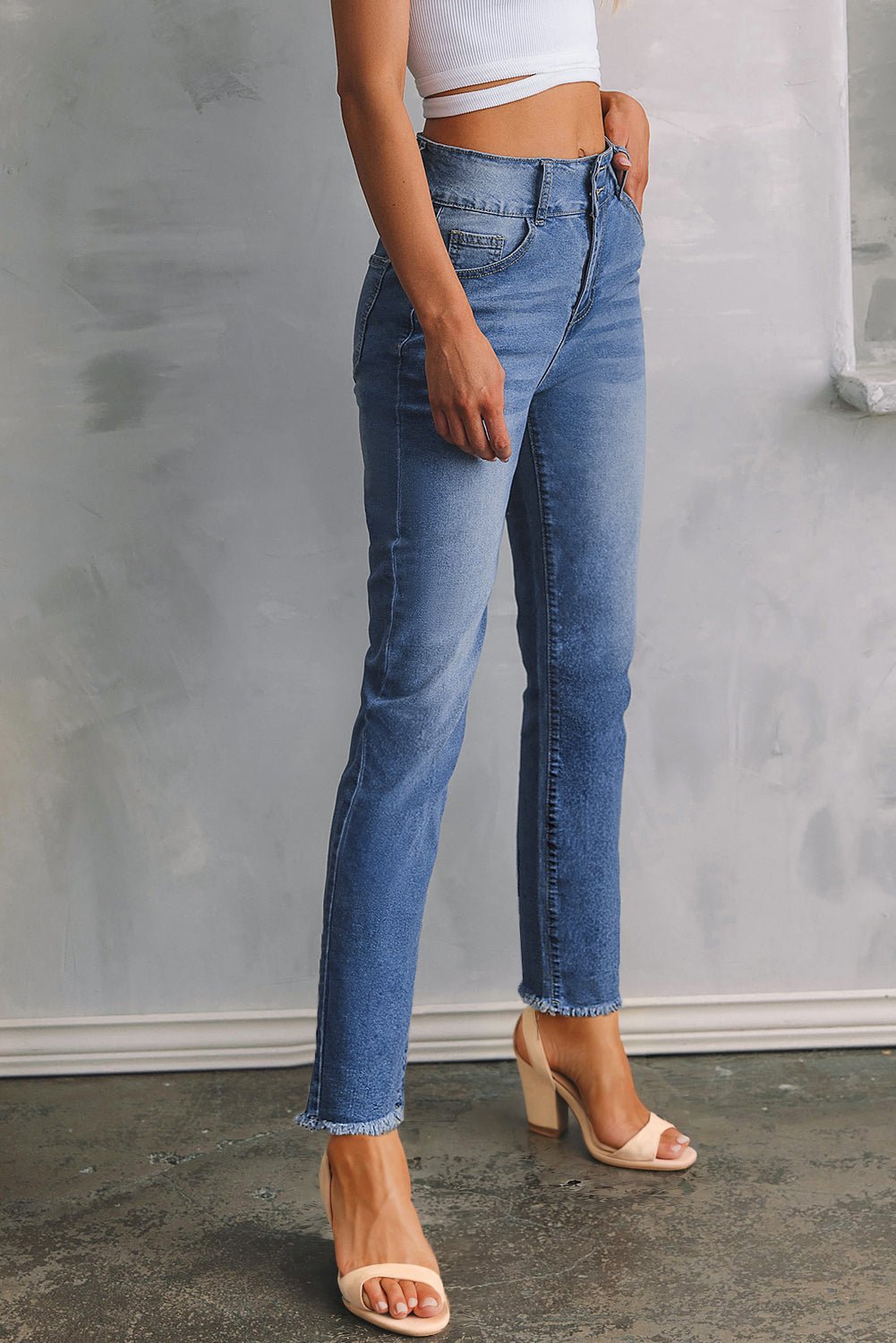 Sky Blue Double Button Raw Hem Slim Fit Jeans - Loving It Shop