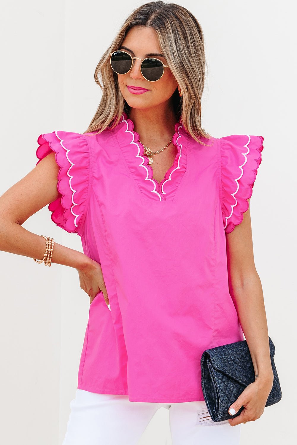 Bright Pink Contrast Scallop Trim Layered Short Sleeve V Neck Blouse - Loving It Shop