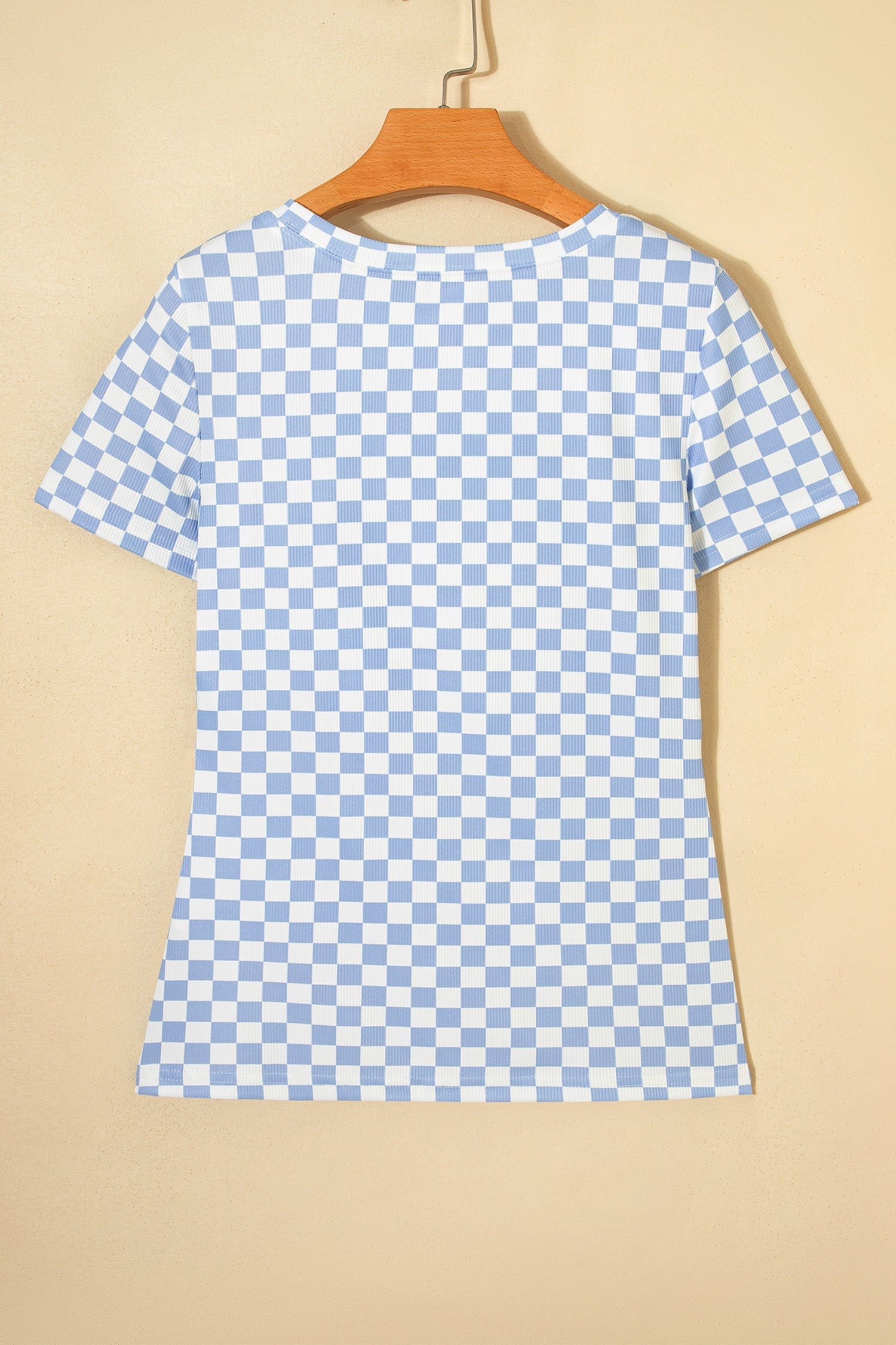Sky Blue Checkered Ribbed Slim Fit Crew Neck T Shirt
