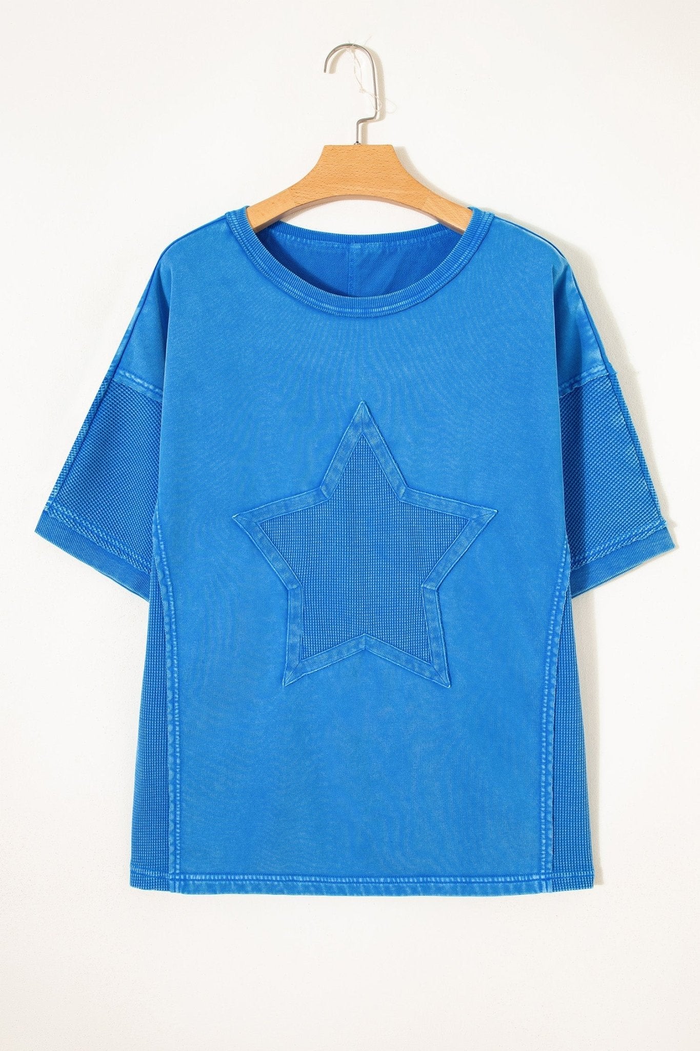 Blue Mineral Wash Star Mesh Patchwork Oversize Tee - Loving It Shop