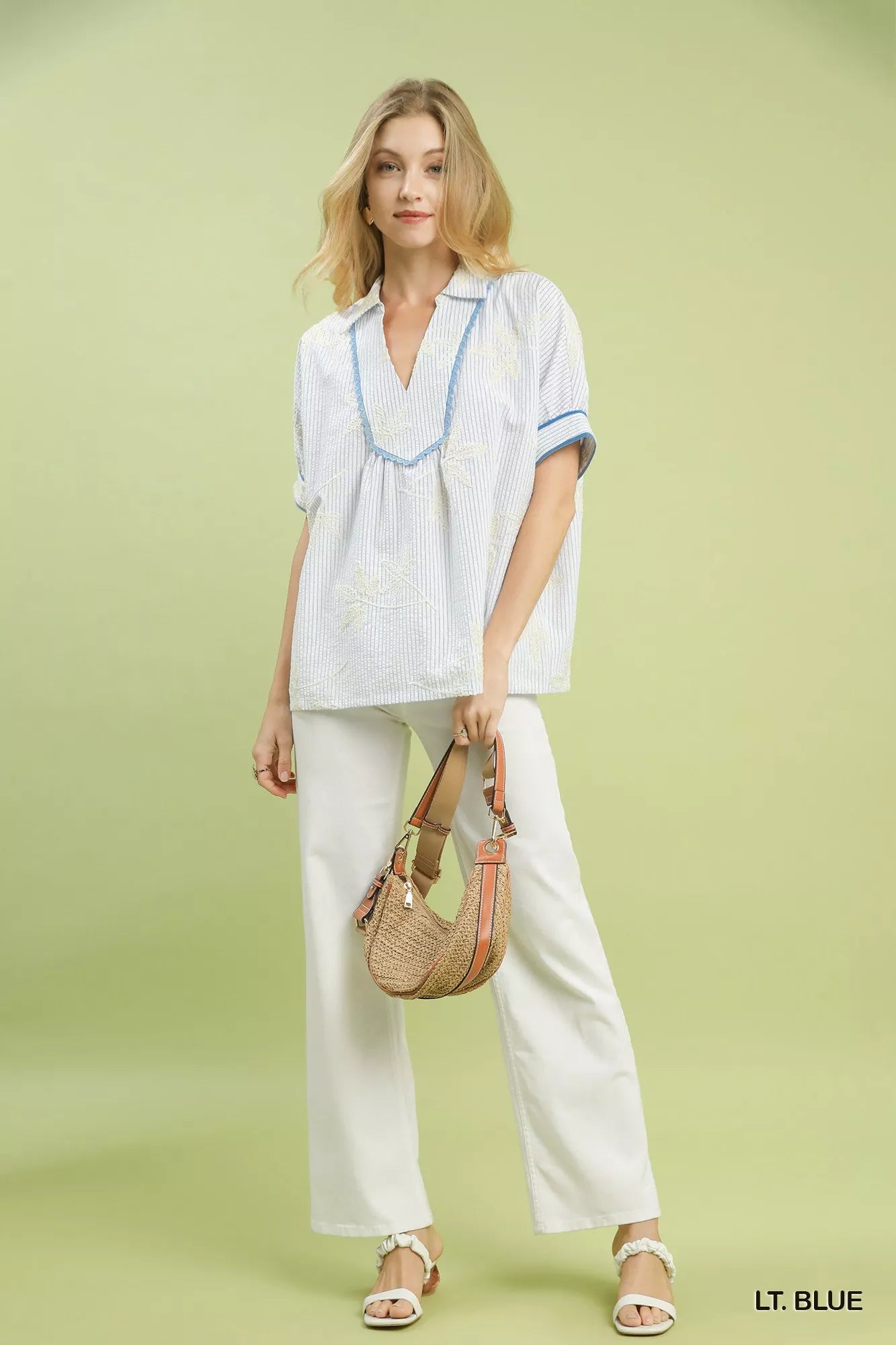 Striped Embroidered Blouse with Scallop Trim