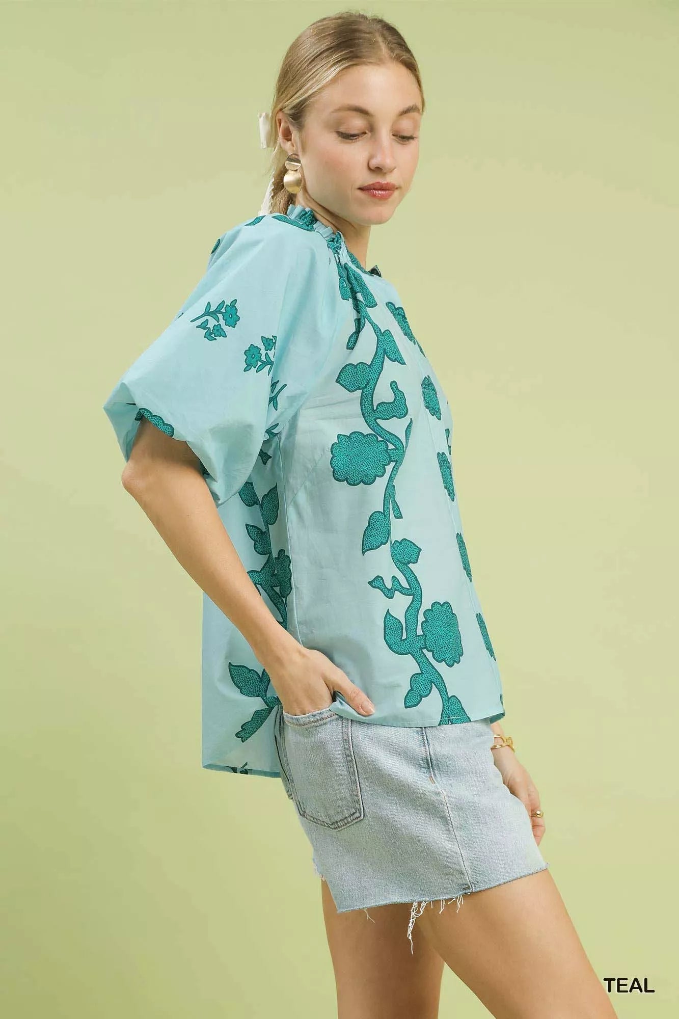 Floral Smocked Notched Puff Sleeve Blouse